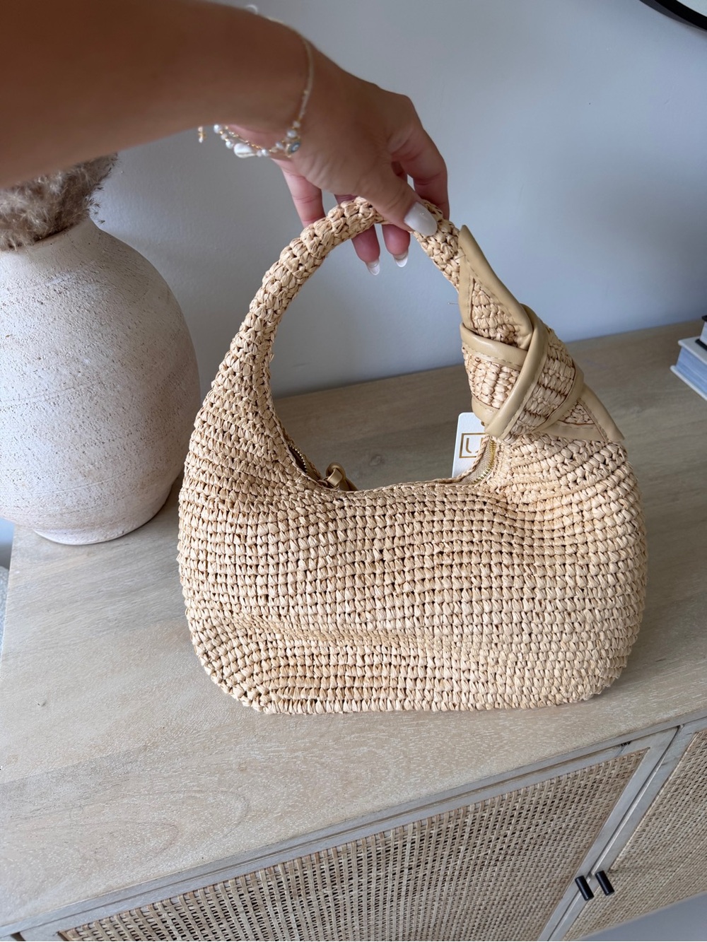 Urban Expressions Knotted Crochet Shoulder Bag in Beige - Picture 2 of 9